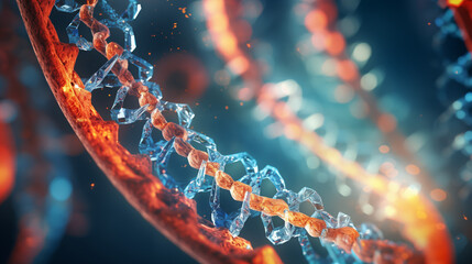 Wall Mural - A bright close up microscopic photo of a DNA spiral. Genome microphotography healthcare or science concept.