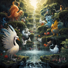 Canvas Print - Mythical creatures in a hidden garden