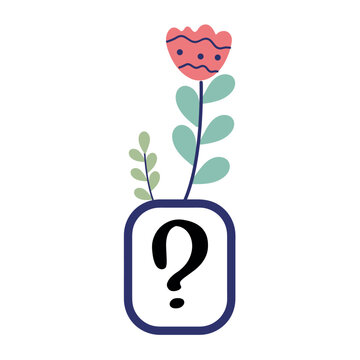 Sticker of colorful set. An engaging illustration of the question mark presented in a whimsical cartoon style, against a serene white background with rose. Vector illustration.