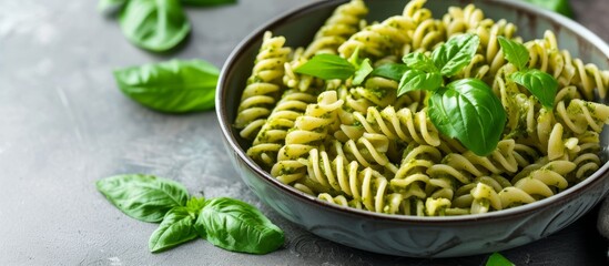 Wall Mural - Italian cuisine's traditional dish is a bowl of fusilli pasta with pesto sauce.