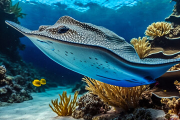 Blue spotted stingray (Myliobatoidei) cartilaginous fish on sandy bottom in tropical underwaters. Skate in underwater wild animal world. Observation of wildlife ocean. Scuba diving in Ecuador coast