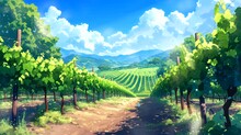 A Peaceful Vineyard With Rows Of Grapevines. Fantasy Landscape Anime Or Cartoon Style, Seamless Looping 4k Time-lapse Virtual Video Animation Background