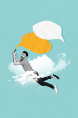 Poster - Vertical collage picture of astonished black white colors guy flying clouds sky use smart phone dialogue chat bubble isolated on teal background