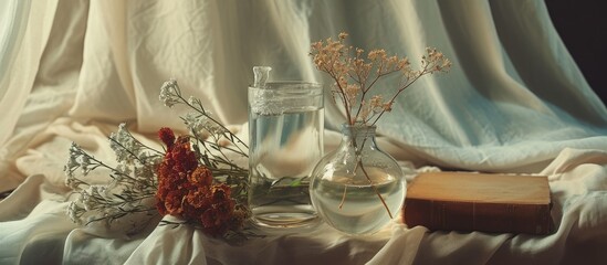 Wall Mural - Still life arrangement of water in a glass, book, dried flowers in a vase, and a bottle on drapery, representing the concept of home improvement and decoration.