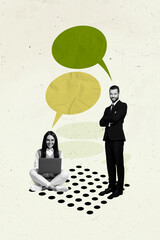 Aufkleber - Template magazine collage of two people managers have work speak talk using modern technology netbook