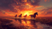 Four Wild Horses Troting In The Sunset