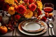Warm and welcoming autumn table setting with stylish plates, polished cutlery, gleaming glasses, pumpkins, and an artful arrangement of vibrant fall flowers in a flat lay