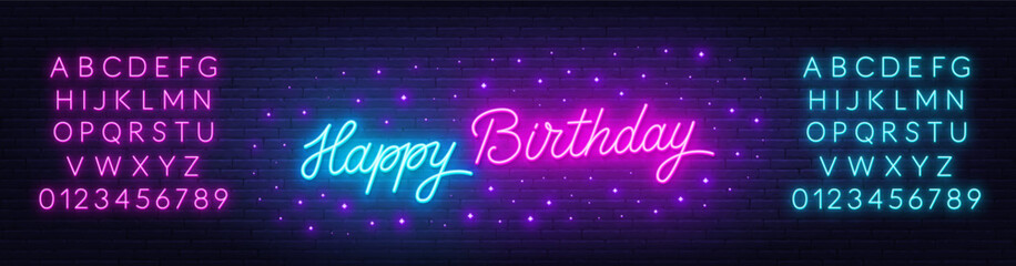 Poster - Happy Birthday neon text on brick wall background
