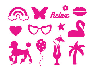  Popular pink collection for girls. heart, daisy, rainbow, butterfly, star. logo, sticker, isolated elements on a white background. for print, banner, postcard. art vector illustration.  barbie  style
