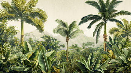 Wall Mural - Tropical palms jungle illustration. 