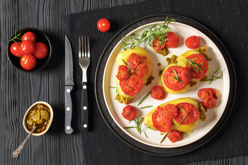 Canvas Print - Pesto Tomato Cheese Chicken Breast, top view