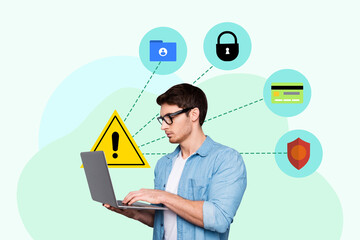 Creative collage image young smart man programmer browsing laptop cyber security web safety antivirus software banking data defense