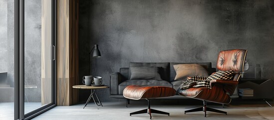 Wall Mural - Minimalist living room with gray cement wall imitation, couch, patchwork chair, and two cups on a small table.