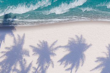 Sticker - 3d rendering of long palm tree shadows stretching across a white sandy beach, with the turquoise sea waves gently lapping the shore, tropical beach concept.