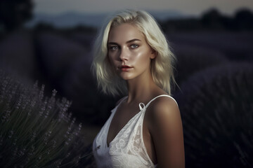 Wall Mural - pretty blonde woman in a white dress amidst lavender fields during dusk, ai generative