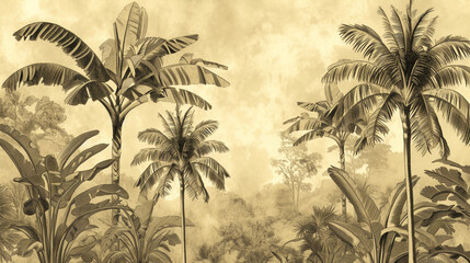 Wall Mural - Tropical palms jungle illustration. 