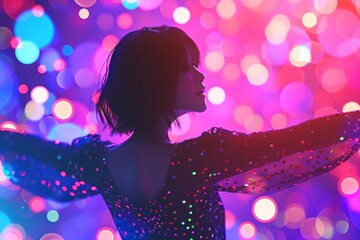 Sticker - Silhouette of a woman dancing, colorful bokeh lights background.