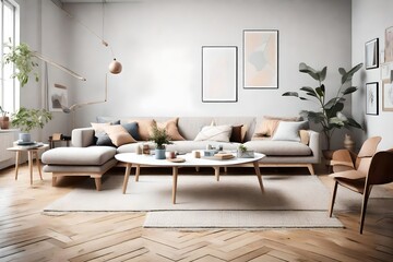 Step into a cozy Scandinavian sanctuary with a sleek sofa and coffee table, surrounded by pastel tranquility, and an empty wall poised for your artistic ingenuity.