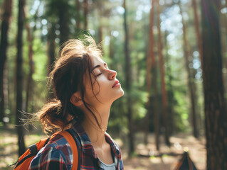 Attractive young woman hiking with backpack. Portrait of a smiling young woman relaxing, breathing in the fresh air while camping in the forest. Adventure, travel and vacation concept.