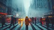 Foggy New York City: A Blurry, Rainy Night on the Crosswalk Generative AI