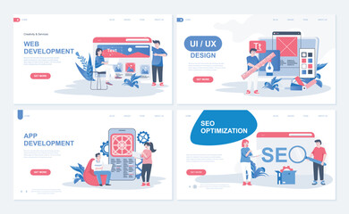 Poster - Web development concept for landing page in flat design. App developing with UI UX designing, programming, interface creating, SEO optimization. Vector illustration with people characters for homepage