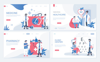 Poster - Medicine and healthcare web concept for landing page in flat design. Doctor consultation, patient visits therapist at clinic center, pharmacy. Vector illustration with people characters for homepage