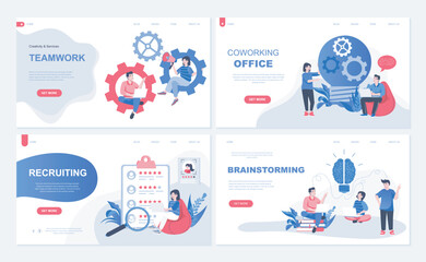 Fototapete - Coworking office and teamwork web concept for landing page in flat design. Staff team working and brainstorming, company employment, recruiting. Vector illustration with people characters for homepage