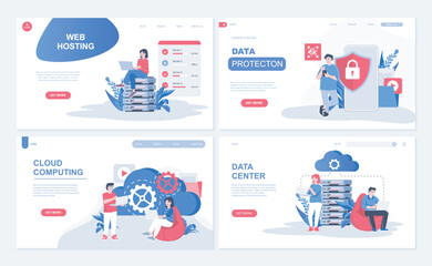 Poster - Cloud computing and web hosting concept for landing page in flat design. Users computing online and datacenter service with data protection. Vector illustration with people characters for homepage