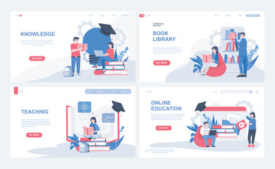 Aufkleber - Online education web concept for landing page in flat design. Students reading books at virtual library, gaining knowledge, listening lectures. Vector illustration with people characters for homepage