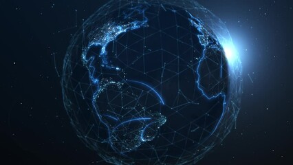 Digital planet with connecting lines linking different cities. Concept of data exchange, information distribution, global grid, data transfer, international trade. Worldwide internet network, 4k.