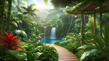  great Jungle Retreat: Lush greenery and natural elements evoke a soothing ambiance,Generative AI
