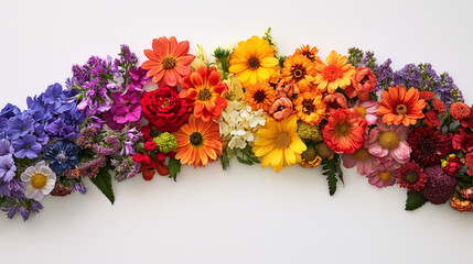 Wall Mural - Summer flowers rainbow coloured arch on a white background