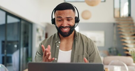 Poster - Man, headset and video call with wave or home as freelancer for online meeting, telemarketing or consulting. Male person, laptop and virtual conversation in apartment for mic, advisor or tech support