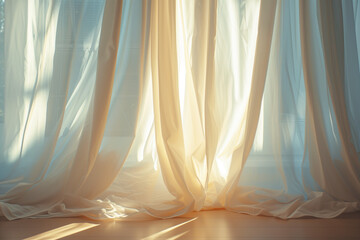 Poster - Sun shining through white curtains. Background image. Created with Generative AI technology