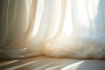 Poster - Sun shining through white curtains. Background image. Created with Generative AI technology