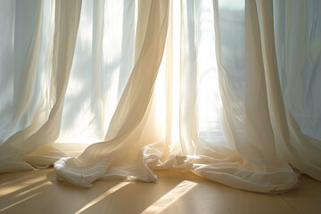 Poster - Sun shining through white curtains. Background image. Created with Generative AI technology