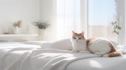 Wall Mural - A cute cat is lying on a bed in a modern big house. Beautiful bright interior of an apartment in a big city.