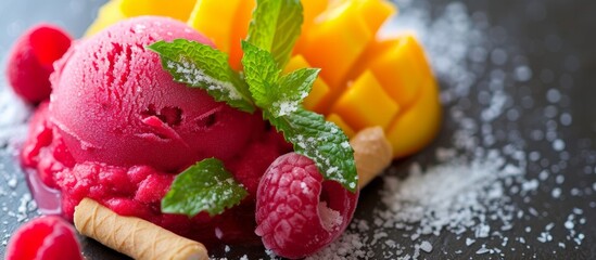 Wall Mural - Raspberry and mango sorbet with mint sprig and cookie tubes.