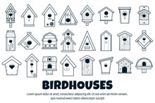 Simple Black And White Icons Of Wooden Birdhouses. Large, Big Set Of Houses For Birds, Bird Feeder Of Various Shapes. Template Banners For Bird Day, Nature Protection. Vector Illustration