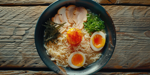 Wall Mural - Steamy Ramen Bowl with Soft-Boiled Egg. A steamy bowl of ramen noodles topped with a soft-boiled egg, green onions, and a sprinkle of chili, copy space.