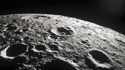 Lunar landscape in black and white: craters and surface details. moon exploration and astronomy. outer space photography, stock use. AI