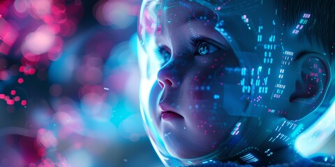 Poster - Futuristic child with digital face coding, concept of technology and childhood in a modern world. expressive portrait, digital art. AI