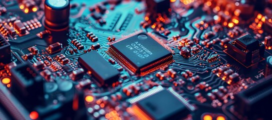 Aufkleber - High-tech electronic circuit board with microchips and components. close-up view of a computer motherboard. modern technology and computing. detailed hardware background. AI