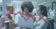 Image of financial data processing over diverse business women using laptop in office