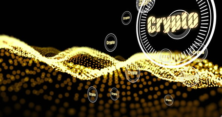 Poster - Image of crypto in circles over yellow glitter on black background