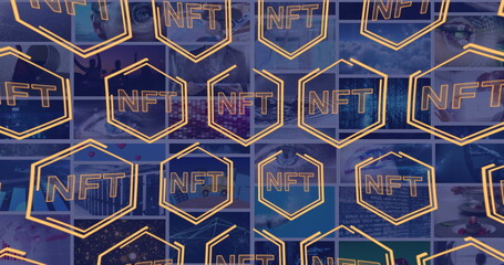 Poster - Image of nft in hexagons over diverse photos in background