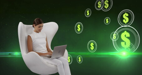 Poster - Dollar symbols over multiple round scanners floating over caucasian woman using digital tablet