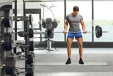 Fototapeta Panele - Full length portrait of a bodybuilder exercising with weights