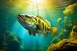 Majestic freshwater perch caught in a serene moment underwater, surrounded by vibrant green hues