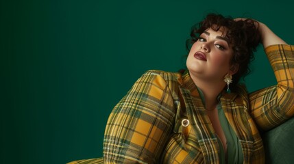 Wall Mural - Plus size female model on a green background. Photo in fashion editorial style
